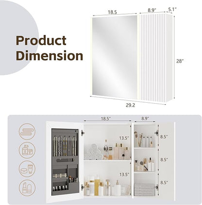 Lighted Bathroom Medicine Cabinet with Mirror，30 x 28 Inch Wall-Mounted Bathroom Wall Cabinet with Storage, LED Lights, Adjustable Shelves,White