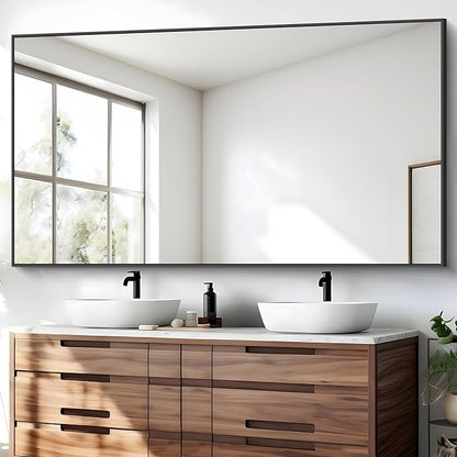 BONEWEI Bathroom Mirror,30x60 inch Large Wall Mirror for Bathroom Wall Mounted Black Rectangle Corner Mirrors,Black Bathroom Mirror for Living Room,Farmhouse,Bedroom Entryway,Horizontal/Vertical