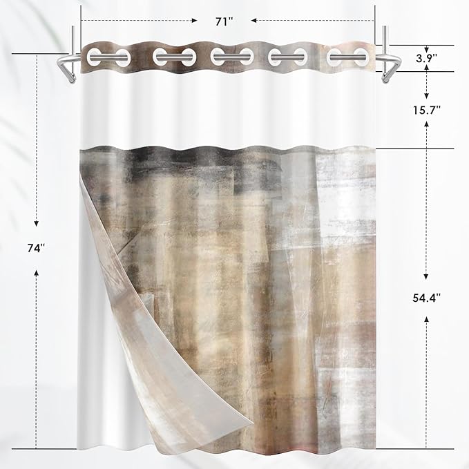 No Hook Grey Brown Painting Shower Curtain with Snap in Fabric Liner Set, Beige Abstract Double Layers Waterproof Fabric with See Through Top Window Open Grommet Bath Curtain 71x74 Inch