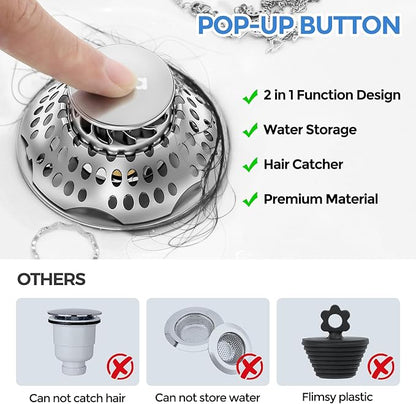 zaa Bathtub Drain Stopper, Upgraded 2in1 Tub Stopper Bathtub Drain Cover and Hair Catcher, Pop Up Bathtub Drain Plug, Replaces Lift & Turn, Tip-Toe or Trip Lever, for 1.46-2" W Drain Hole, Silver