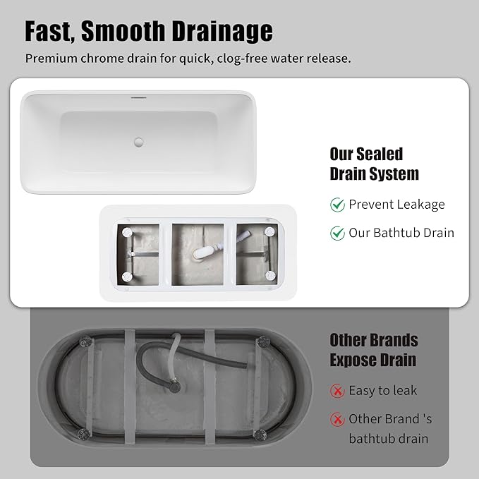67" Acrylic Freestanding Bathtub - Glossy Black Rectangle Soaking Tub with Chrome Overflow & Drain Kit, CUPC Certified