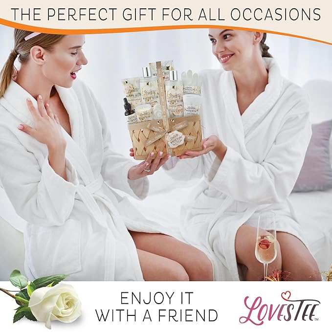 Christmas Gifts Bath & Body Spa Gift Basket for Women, Best Gift for Mother's Day & Birthday, White Rose Set Body Lotion, Shower Gel, Bubble Bath, Bath Salt, Towel, Soap, Oil, Candle, Gloves,