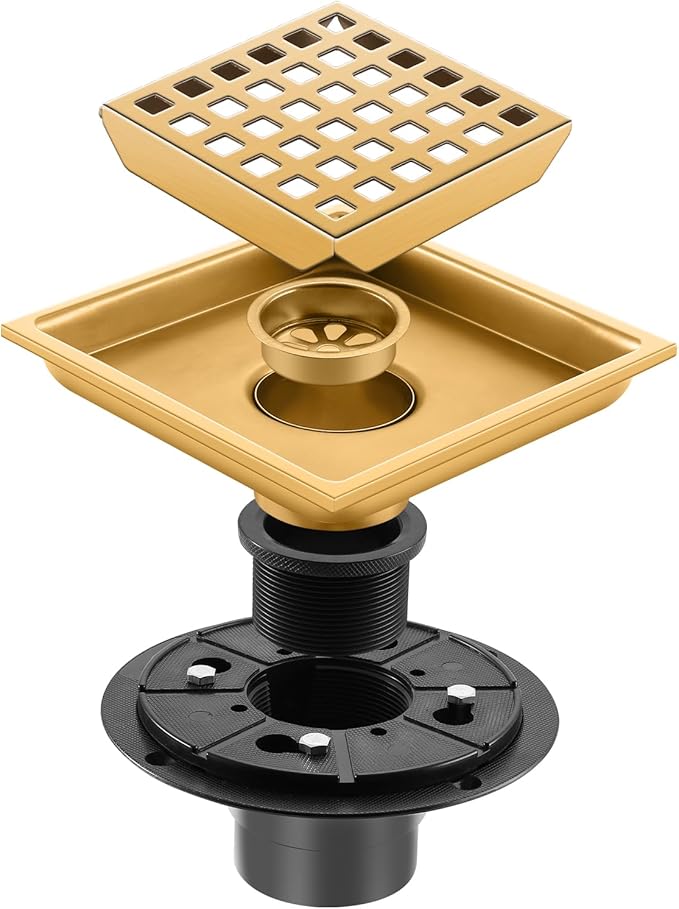 Shower Drain, Brushed Gold 4 inch Shower Floor Square Drain with Flange, Removeable Grid Panel SUS 304 Stainless Steel Square Shower Drain