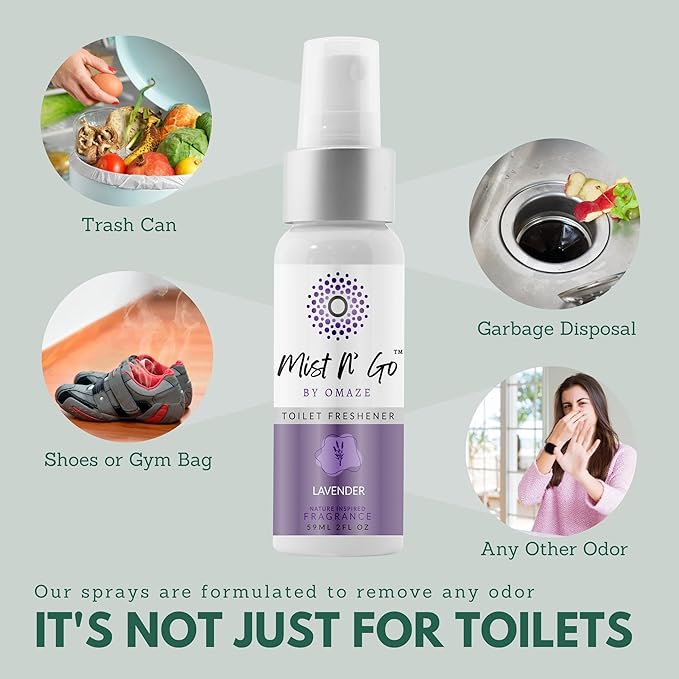 Mist N’ Go by Omaze Travel Bathroom Spray for Toilet Spray Odor Eliminator - Travel Toilet Spray for Bathroom Air Freshener Spray for Bathroom Deodorizer - Lavender Regular Size (2oz x5)