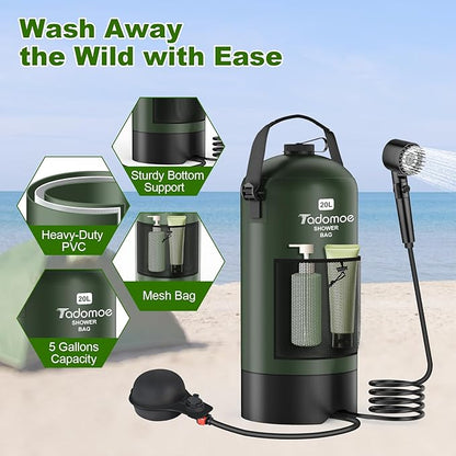 Portable Shower for Camping, 5 Gal/20 L Solar Heating Camping Shower Bag with Shower Pump, Portable Shower Head, Essential for Camping,Festivals, Overlanding, Beach Trips
