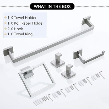 TNOMS Bathroom Towel Bar Set 5 Pieces Brushed Nickel Square Modern Bathroom Hardware Set,Stainless Steel Wall Mounted 23.6-Inch