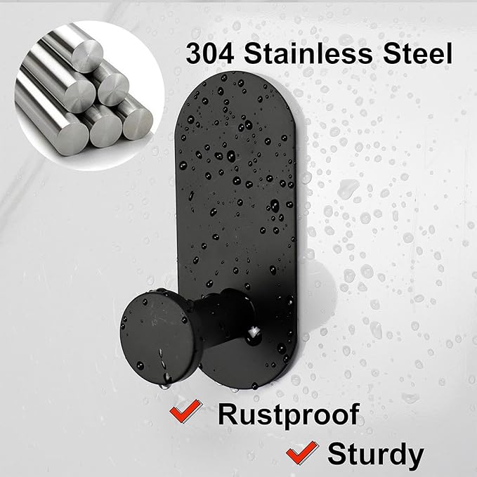 TocTen Adhesive Hook - 3 Pack Heavy Duty Sticky Towel/Robe Hook, Waterproof Stainless Steel Shower Hook, No Drill Stick on Wall Coat/Clothes Hooks for Bathroom, Kitchen, and Offices(Matte Black)