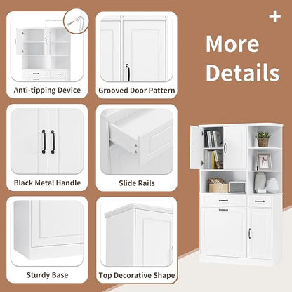70" Tall Freestanding Storage Cabinet with Drawers, Doors, Adjustable Shelves & Flip Drawer, Modern Wood Organizer for Bathroom, Laundry Room, Office, White