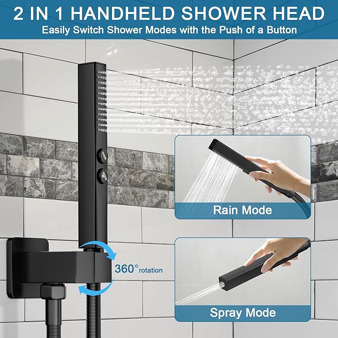 Shower Faucet Set Matte Black Shower System, Ceiling Mount 10 Inch Shower Head With Wall Mount 6 Inch Shower Head and 2 in 1 Handheld Spray, Push Button Diverter Shower Valve Trim Kit Complete