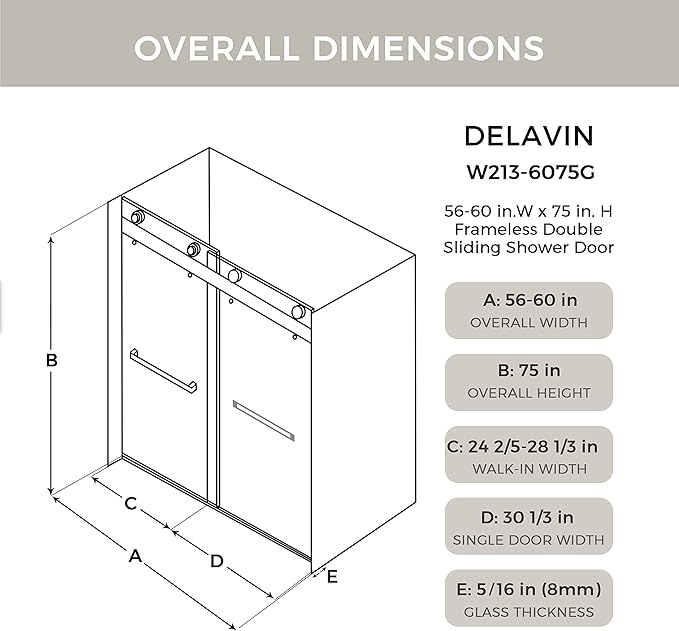 DELAVIN 56"-60" W x 75" H Frameless Shower Door, Double Sliding Shower Door, Glass Shower Door with 5/16" (8mm) Clear SGCC Tempered Glass, Explosion-Proof Film, Stainless Steel Hardware, Gold