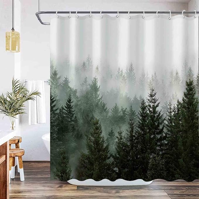 Aipon Green Misty Forest Shower Curtain Nature Tree Shower Curtain Set Dark Green Fabric Waterproof Shower Curtains for Bathroom Decor with 12 Hooks (72'' × 72'', Green4)