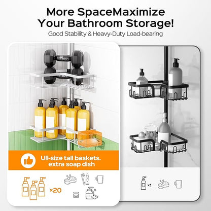 HAMITOR Corner Shower Caddy White: 4-Tier Rustproof Bathroom Bathtub Organizer Shelf with Soap Holder & Hooks - No-Drill Adjustable Standing Tension Pole Rack for Apartment Renters - 47-123 Inch