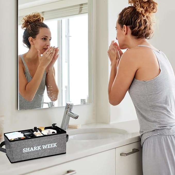 Tampon Holder for Bathroom, Bathroom Storage Containers with Lid, Adjustable Divider Feminine Product Organizer, Tampon Organizer, Bathroom Accessories Decor Boxes (Grey Printed SHARK WEEK, 1-Pack)