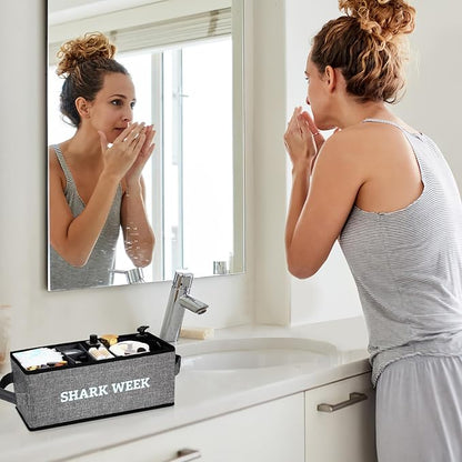 Tampon Holder for Bathroom, Bathroom Storage Containers with Lid, Adjustable Divider Feminine Product Organizer, Tampon Organizer, Bathroom Accessories Decor Boxes (Grey Printed SHARK WEEK, 1-Pack)