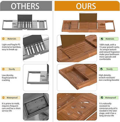 Premium Teak Bathtub Tray Caddy, Expandable Wooden Bath Tray for Tub,Luxury Bathroom Accessories,Great House Warming, Anniversary & Wedding and Birthday Gifts