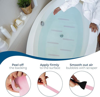 Anti-Slip Shower Stickers - Help Reduce Slipping in Bathtub & Shower, Pink Non-Slip Bath Strips, Strong Adhesive Bathtub Appliques Suitable for Homes with Kids, Adults & Seniors - 24 Pcs - Homergy