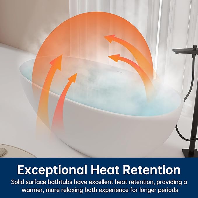 61'' Resin Stone Soaking Bathtub Oval Solid Surface Freestanding Soaking Bathtubs Matte White Soaking Tub with Overflow and Pop up Drain - White…