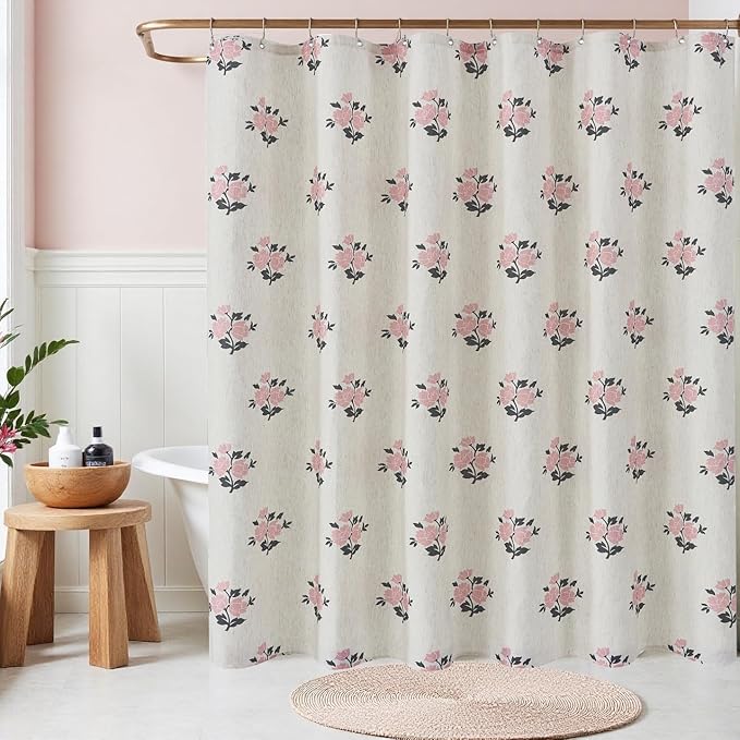 ORTIGIA Boho Pink Shower Curtains for Bathroom Linen Farmhouse Shower Curtain Set with Metal Hooks Block Print Floral Waterproof Aesthetic Rustic Fabric Bath Curtain for Home, Weighted, 72x72