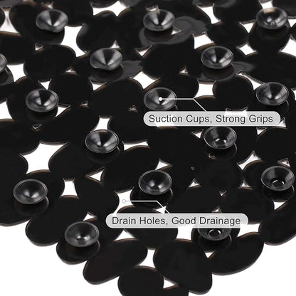 WELTRXE Non Slip Bathtub Mat 35 x 16 Inches Pebbles Shower Mats with Suction Cups, Drain Holes for Bathroom Showers, Tub, Machine Washable Bathroom Mats BPA, Latex Free Safe Tub Mats - Black
