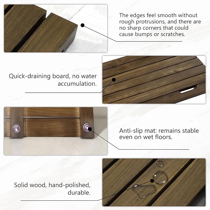 Teak Wood Shower Mat, 24"x18" Bath Floor Mat with Natural Surface for Indoor Shower, Bathroom Spa (24"x18")