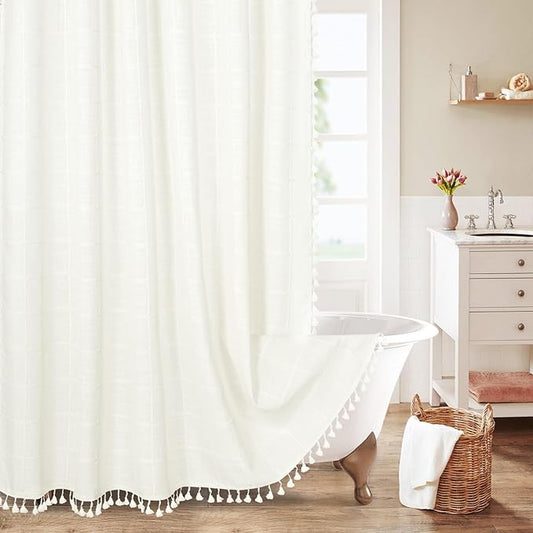 MitoVilla Ivory White Boho Farmhouse Shower Curtain Set 72 x 78, 78 inch Long Polyester Linen Tassel Fabric Shower Curtain Set for Chic Cottagecore French Rustic Bathroom Decor, Cream White