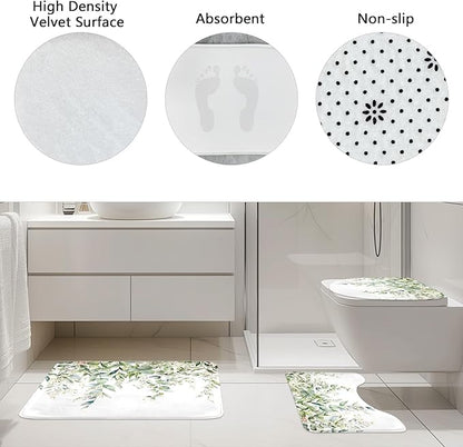 Riyidecor Green Eucalyptus 4Pcs Bathroom Shower Curtain Sets Plants Botanical Leaves Bathroom Decor Set with Rugs and Accessories Green Leaves Toilet Lid Rug, Contour and Bath Mat with 12
