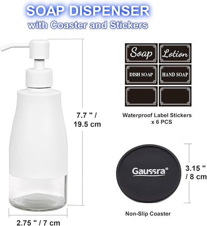 Gaussra White Soap Dispenser with Coaster and Stickers, Stainless Steel and Glass Bottle Hand Pump Dispenser, Refillable Liquid Hand Soap Dispenser for Bathroom & Kitchen (11OZ / 320ML)