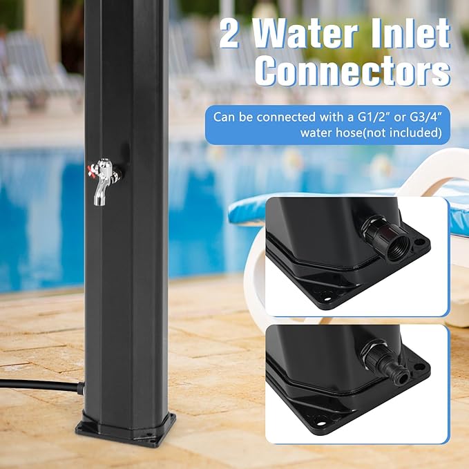 Goplus 9.3 Gallon Solar Heated Outdoor Shower, 7.2 FT Freestanding Garden Shower with Dual Swivel Shower Heads & 2 Foot Showers, Adjustable Temperature,for Poolside Backyard Beach