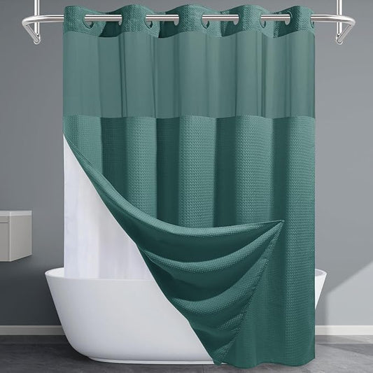 Seaweed Green No Hook Shower Curtain with Snap in Liner,230GSM Waffle Weave Shower Curtains for Bathroom,71W x 74H