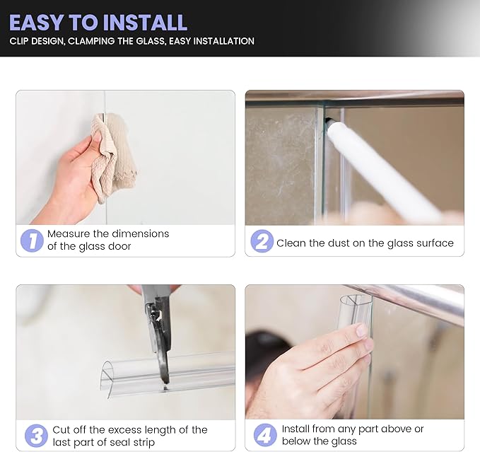 Bathroom Shower Door Seal Strip, 2PCS 78 Inch Shower Door Bottom&Side Seal Strips, U-Type PVC Transparent Shower Door Seal Strip for 3/8"(10MM) Frameless Shower Door