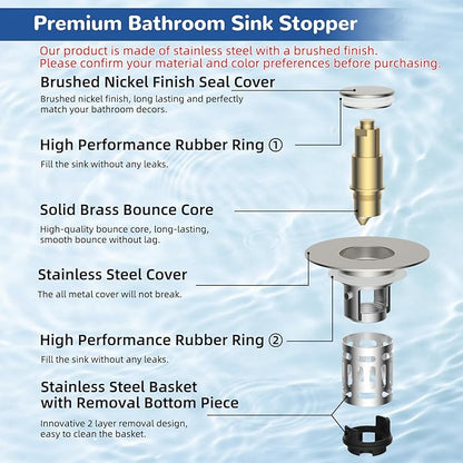 Hibbent 2 Pack Upgraded 3 in 1 Bathroom Sink Drain Strainer, Universal Pop Up Stopper with Removable Stainless Steel Filter Basket Hair Catcher, Sink Plug for 1.1''~2.36'' Basin, Brushed Nickel