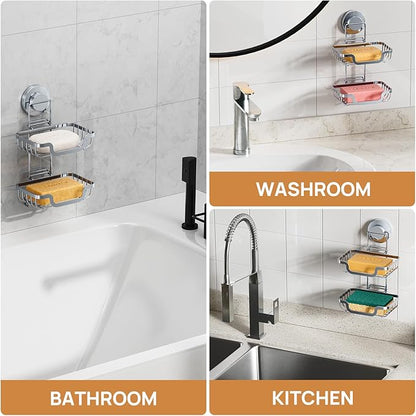 LEVERLOC Soap Holder, Soap Bar Dish for Shower Suction Cup Wall Mounted, Stainless Steel Double Layer Sponge Holder for Bathroom Bathtub Kitchen Sink, Removable Waterproof, Keep Dry, Silver