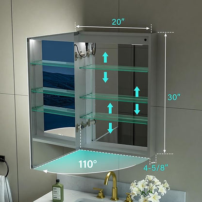 WELLFOR 20" X 30" LED Medicine Cabinet with Mirror, Single Left Opening Door, Recessed or Surface Cabinet Mirror, Bathroom Mirror Cabinet, Medicine Cabinet with Lights with Outlets & USB Ports