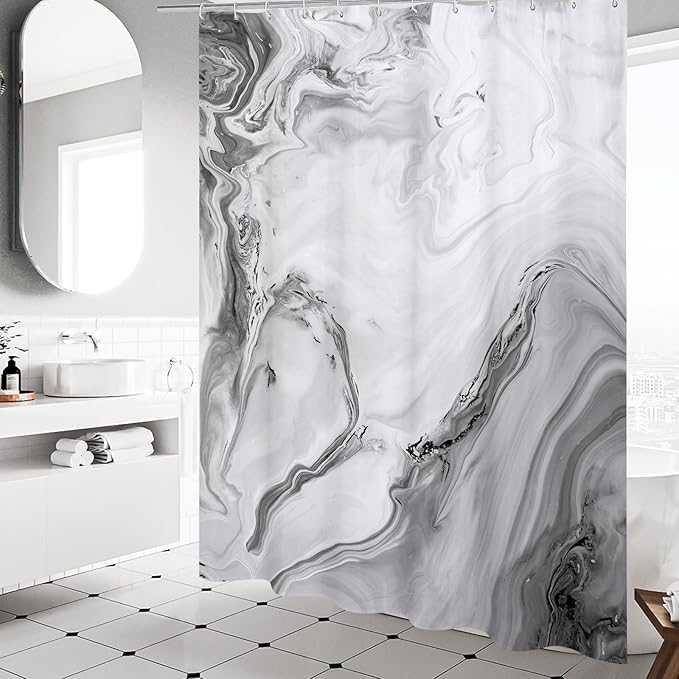 MitoVilla Grey Marble Extra Long Shower Curtain Set 72 x 84, Modern Ombre 84 inch XL Shower Curtains for Chic Bathroom Decor, Abstract Watercolor Fabric Shower Curtain