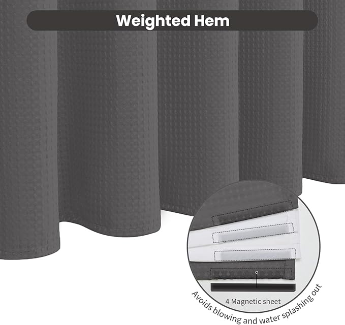 Inhousolu No Hook Waffle Weave Shower Curtain with Removable Snap in Fabric Liner Set for Bathroom, 230 GSM Heavy Duty Weighted Hem, Water Repellent Washable Bath Curtains, 72 x 72 Inch, Graphite Grey