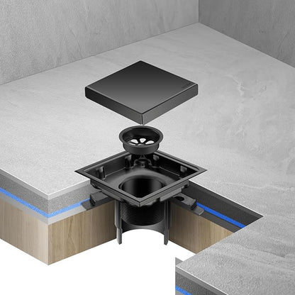 Hidden Brushed Square Shower Floor Drain, Black 4 inch, 304 Stainless Steel, with Flange, Detachable Cover Embedded in Ceramic Tiles
