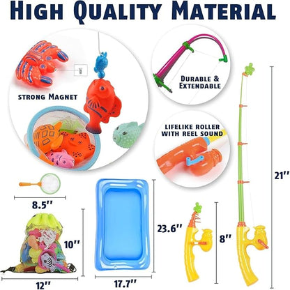 CozyBomB™ Magnetic Fishing Toys Game Set for Kids | Water Table Bathtub Kiddie Pool Party Pole Rod Net, Outdoor Plastic Floating Fish, Toddler Bath Color Ocean Sea Animals Birthday Gift Age 3-5 6 4-8