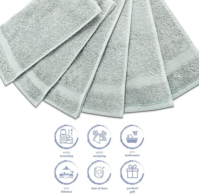 Hencely Premium 6-Pack Washcloths 12x12 Inches Soft Turkish Cotton High Absorbent and Quick Dry Dishtowel for Kitchen and Bath (Wash Cloth 6 Pack, Light Green)