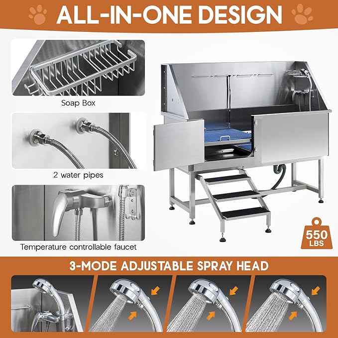 Albott 60 Inch Stainless Steel Dog Washing Station with Anti-Slip Steps, Sprayer, Faucet, Soap Box & Tow Rope – Professional Pet Bathtub for Large Dogs, Great for Home, Garage or Grooming (Left)