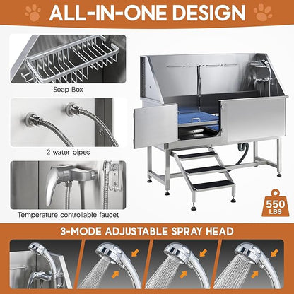 Albott 60 Inch Stainless Steel Dog Washing Station with Anti-Slip Steps, Sprayer, Faucet, Soap Box & Tow Rope – Professional Pet Bathtub for Large Dogs, Great for Home, Garage or Grooming (Left)