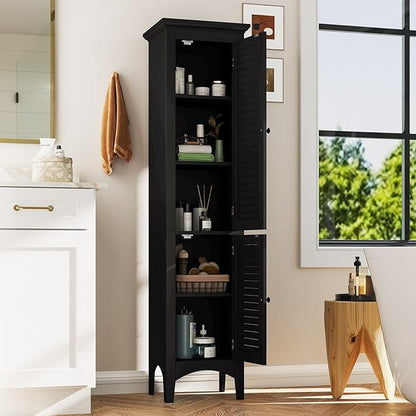 Tangkula 63" Tall Bathroom Storage Cabinet, Freestanding Narrow Linen Tower with Adjustable Shelf, Modern Slim Floor Cabinet with 2 Doors for Bathroom, Living Room, Kitchen (Black)