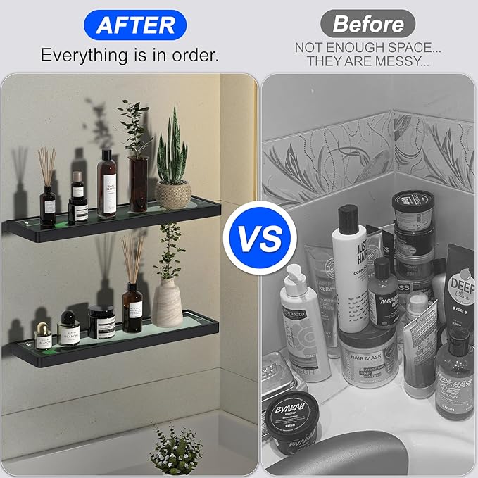 Glass Shelves/Shelf with Towel Bar/Rack 20-inch Floating Shelves for Bathroom Tempered Glass Rectangular 1 Tier Organizer Wall Shelf (Matte Black, 20'')