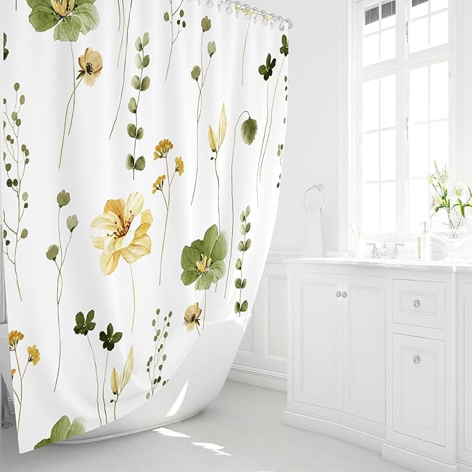 Gibelle Extra Long Shower Curtain 72 x 84, Watercolor Floral Fabric Shower Curtain, Olive Green Beige Flower Decorative Bathroom Shower Curtain Set