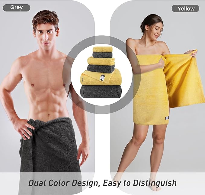 SEMAXE Towel 100% Cotton Towel for Bathroom, Bath Towel, Hand Towel, Washcloth,Yellow & Grey,12-Piece