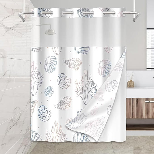 No Hook Shower Curtain Set with Snap in Fabric Liner for Bathroom,with See Through Top Window,Double Shower Curtain with Detachable Liner Replacement,Machine Washable,Ocean Shell,71"x 74"