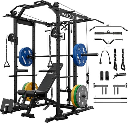 Mikolo Power Cage, Power Rack with Cable Crossover System, 1500LBS Squat Rack with LAT Pull Down System, Workout Cage with Pulley System for Fitness Home Gym