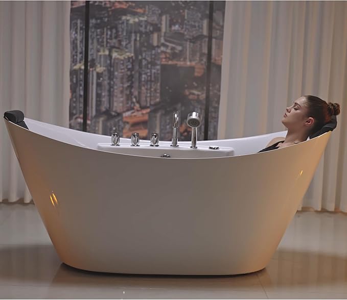 Empava 67" Freestanding Whirlpool Bathtub Oval with 8 Hydromassage Adjustable Water Jets Luxury Acrylic Massage SPA Soaking Bath Tub in White Double Ended