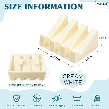 Silicone Soap Dish with Drain, Upgrade Double Suction Cups at The Bottom for Anti-Slip and Stability, Soap Dish Shower Waterfall Bar Soap Holder Tray with Drain Soap Holder (2, CreamWhite)