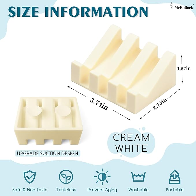 Silicone Soap Dish with Drain, Upgrade Double Suction Cups at The Bottom for Anti-Slip and Stability, Soap Dish Shower Waterfall Bar Soap Holder Tray with Drain Soap Holder (3, CreamWhite)