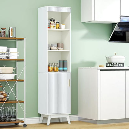 68" Tall Bathroom Storage Cabinet,Narrow Fluted Tower Cabinet with Door and Shelves,Slim Space Saving Storage Unit for Bathroom Kitchen Living Room (White, 11.8" D x 15.75" W x 68" H)